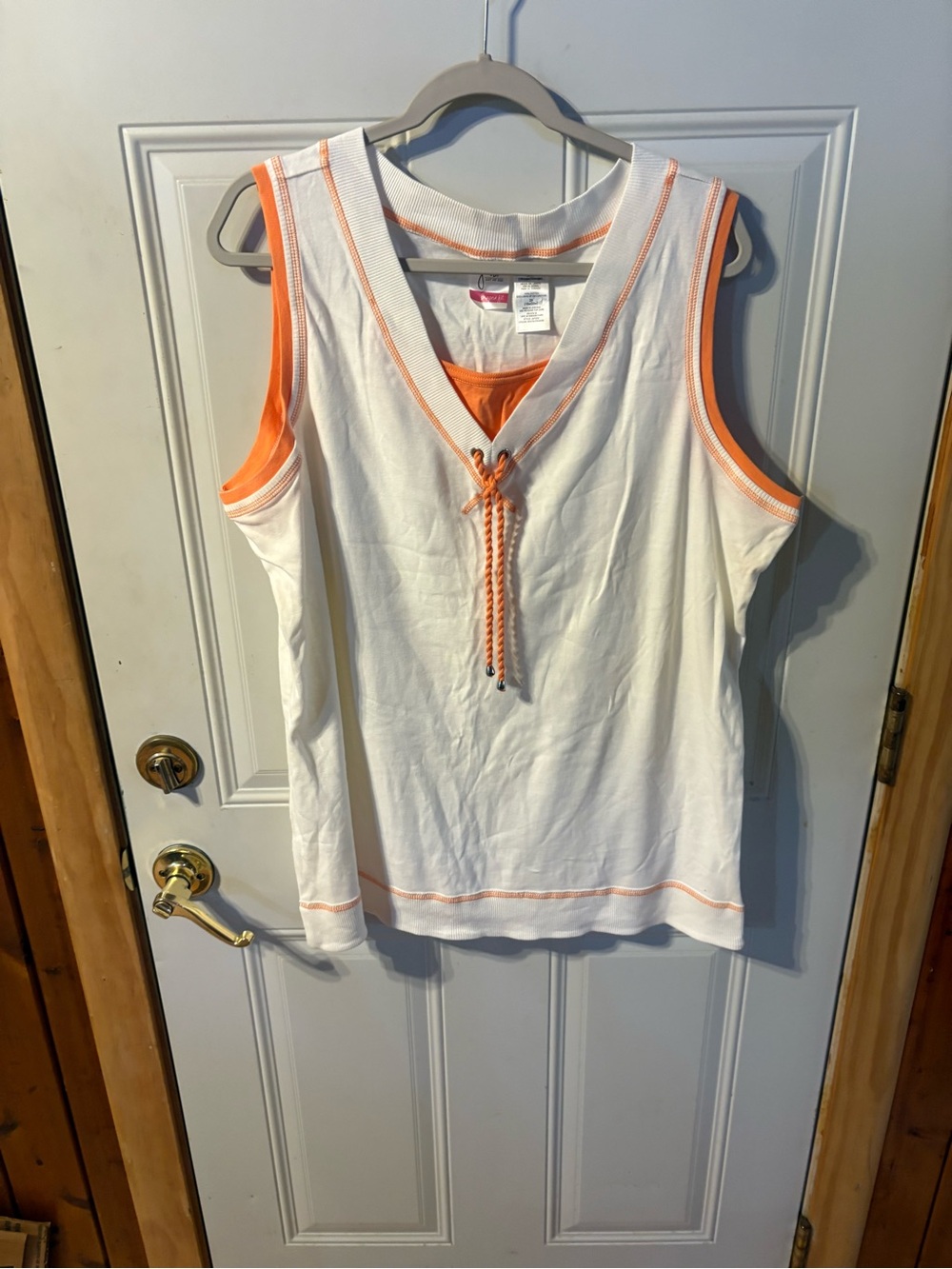 Just My Size White & Orange Sleeveless Lace-Up Tank Top Size 2X (18W-20)